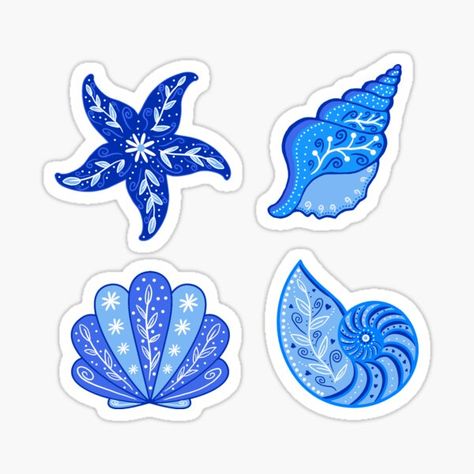 Blue Stickers Aesthetic Printable, Beach Stickers Aesthetic, Summer Stickers Printable, Blue Mermaid Aesthetic, Beachy Stickers, Bohemian Stickers, Sea Stickers, Ocean Stickers, Painted Seashells