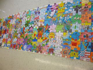 Mrs. Rice's Art Class: The East Woods Puzzle "Peace" Project Collaborative Mural For Kids, Collaborative Puzzle Art Project, Puzzle Art Project, Puzzle Piece Classroom Activity, School Wide Collaborative Art Projects, Elementary School Murals Collaborative Art Projects, Wood School, Jigsaw Puzzles Art, Collaborative Art Projects