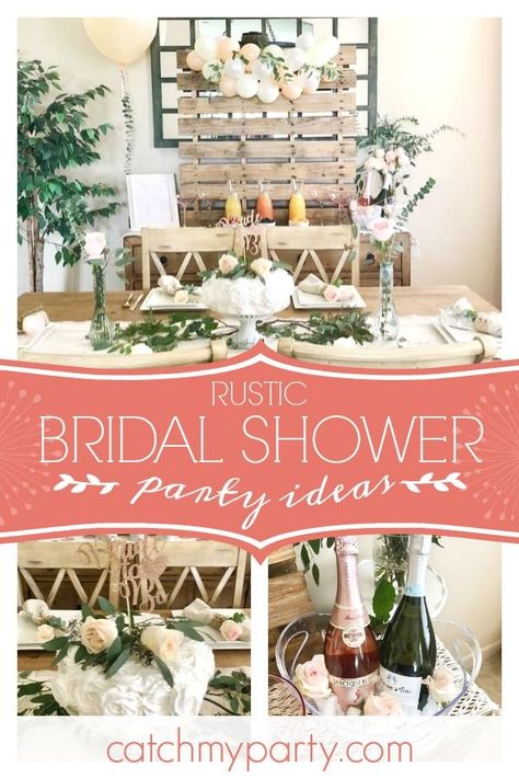 Country Chic Bridal Shower Ideas Decor, Bridal Shower Ideas Decorations Diy, Rustic Bridal Shower Table Decorations, Bridal Shower Farmhouse Theme, Rustic Modern Bridal Shower Ideas, Boho Country Bridal Shower Ideas, Rustic Mimosa Bar, Rustic Pink Bridal Shower Ideas, Rustic Wedding Shower Ideas