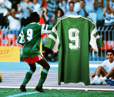 Roger Milla played in 3 World Cups (82, 90, 94) for the Cameroon. He scored 4 goals in World Cup 1990 and helped Cameroon become the first African team to reach the WC quarter-finals. 4 years later, at the age of 42, Milla broke his own record as the oldest goalscorer in World Cup by scoring against Russia in the World Cup 1994. Milla is also remembered for his trademark goal celebration of running to the corner flag and performing a dance. Roger Milla, Goal Celebration, World Cup, Russia, Sports Jersey, Old Things, Flag, Running, Instagram