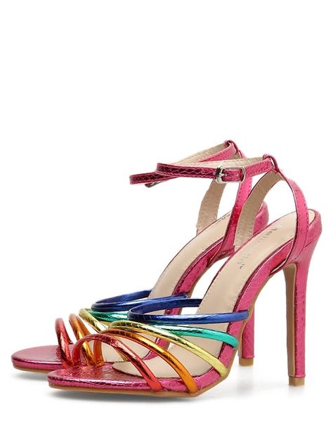 Rainbow Strap Super High Heel Sandals  PINK , #Affiliate, #Super, #Strap, #Rainbow, #High, #PINK #Ad Pink High Heels, Roman Sandals, Womens Stilettos, Faux Leather Heels, Super High Heels, Stiletto Shoes, Pointed Heels, Stiletto Sandals, Dress Shoes Womens