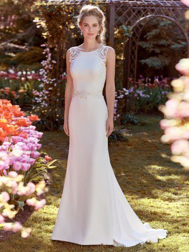 Rebecca Ingram - ADA, Beaded lace motifs adorn the illusion straps, illusion open back, and waistline of this Aldora Crepe sheath wedding dress, complete with jewel neckline. Finished with zipper closure. Over 50 Wedding, Over 50 Wedding Dress, Sheath Bridal Gown, Backyard Wedding Dresses, Rebecca Ingram, Outdoor Wedding Dress, Garden Wedding Dresses, Maggie Sottero Wedding Dresses, Preowned Wedding Dresses