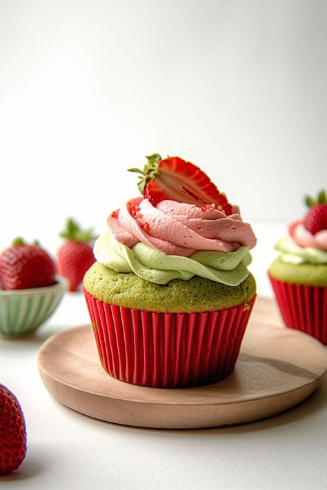 Vegan Matcha Cupcakes, Pink And Green Desserts, Strawberry Matcha Cupcakes, Strawberry Matcha Dessert, Fruity Cupcake Recipes, Matcha Dessert Aesthetic, Cottagecore Cupcakes, Strawberry Matcha Cake, Matcha Strawberry Cake