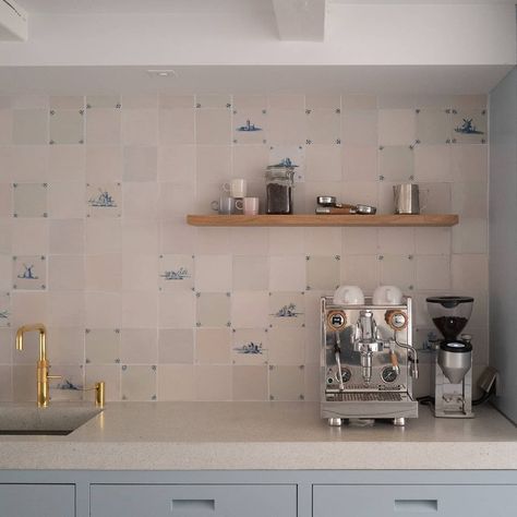 Regts - Delft Tiles on Instagram: “We just got these photos in of a kitchen backsplash we did earlier this year in Amsterdam. The backsplash exists out of a mix of 17th…” Fully Tiled Kitchen Walls, Full Tile Walls In Kitchen, Antique Tile Backsplash, Delft Tile Kitchen, Delft Tile Kitchen Backsplash, Blue And White Kitchen Tiles, Delft Tile Backsplash, Delft Backsplash, Delft Tiles Kitchen