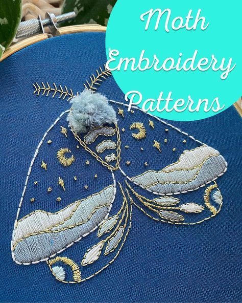 Moth Embroidery Pattern Free, Lunar Moth Embroidery Pattern, Free Moth Pattern, Tattoo Embroidery Designs, Luna Moth Embroidery, Moth Embroidery Simple, Moth Diy, Mushroom Embroidery Pattern, Puriri Moth