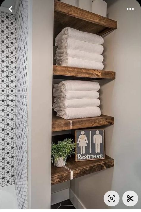 Towel Shelves In Bathroom, Small Laundry Bathroom, Small Bathroom Towel Storage Ideas, Shelving Ideas Bathroom, Bathroom Shelf Decor Ideas, Closet In Bathroom, Bathroom Shelving Ideas, Shop Remodel, Shelf Decor Ideas