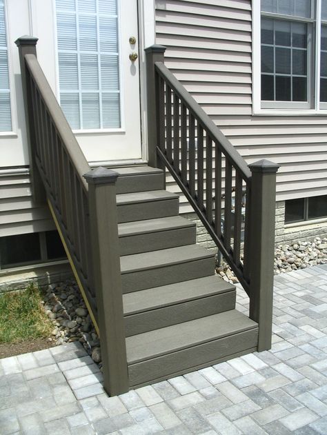 Patio Door Steps, Door Steps Ideas, Trex Steps, Trex Stairs, Lakehouse Remodel, Exterior Steps, Front Porch Design Ideas, Garage Stairs, Patio Stairs