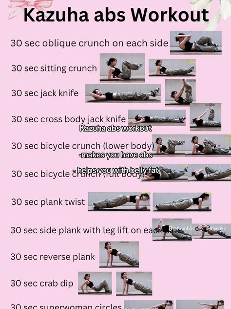 Kazuha Workout Routine, Kazuha Abs Workout, Kazuha Workout, Kpop Workout, Hourglass Workout, Desired Body, Wall Pilates, Oblique Crunches, Stretch Routine