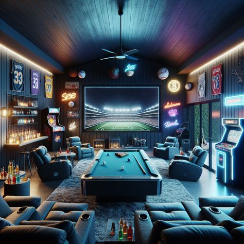 A spacious room in charcoal grey featuring a home theater system, mini bar, pool table, arcade games console, and a VR setup for gaming. Sports memorabilia enriches the walls. A balcony adorns the far end. #HomeTheater #GameRoom #SportsMemorabilia #VRGaming #ArcadeGames #HomeDecor. Modern Game Room, Games Room Inspiration, Garage Game Rooms, House Basement, Man Cave Design, Pool Table Room, Viking House, Arcade Room, Home Bar Rooms