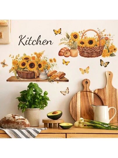 Butterfly Room Decor, Kitchen Decals, Sunflower Kitchen Decor, Butterfly Room, Kitchen Wall Decals, Diy Wall Decals, Sunflower Kitchen, Kitchen Stickers, Kitchen Wall Stickers