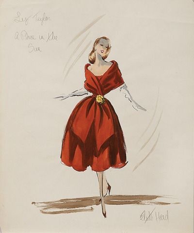 Edith Head Designed Costume for Elizabeth Taylor in A Place in the Sun 1951 Academy Award Winner for Best Costume Design in Black in White Edith Head Sketches, Edith Head Designs, Edith Head Fashion, Vintage Fashion Sketches, A Place In The Sun, Edith Head, Best Costume Design, Hollywood Costume, Cruella Deville