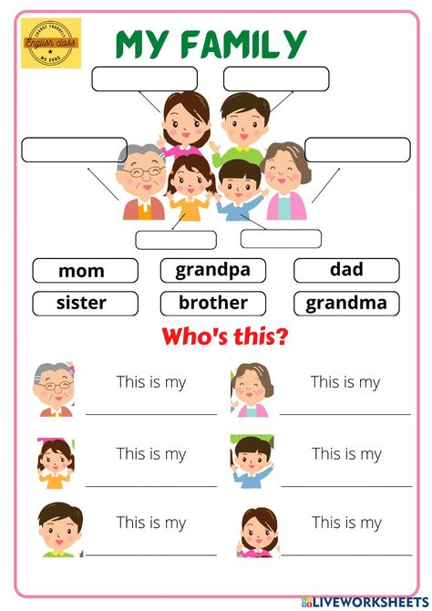 Family members online activity for Grade 2. You can do the exercises online or download the worksheet as pdf. Materi Bahasa Inggris, Teach English To Kids, English For Kids, English Worksheets For Kindergarten, Family Worksheet, Kindergarten Reading Activities, Grammar For Kids, English Activities For Kids, English For Beginners