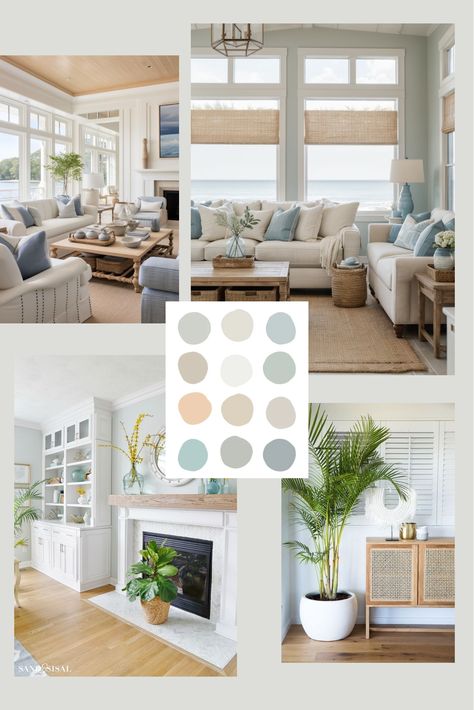 Coastal living room mood board, color palette Family Room Coastal, Light Blue And Wood Living Room, Subtle Coastal Living Room, Modern Coastal Living Room Open Concept, Coastal Modern Color Palette, Earthy Coastal Living Room, Coastal Farmhouse Mood Board, Coastal Living Room Color Palette, Coastal Living Room Mood Board