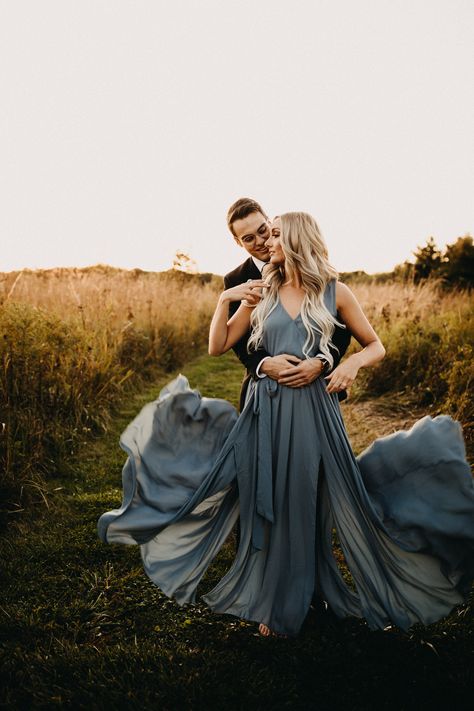 Engagement Photos Flowy Dress | Semi Formal Engagement Pictures | What to Wear for Engagement Pictures Long Flowy Dress Photoshoot Couple, Long Flowy Dress Engagement Pictures, Flowy Dress Photoshoot Engagement Photos, Formal Prenup Shoot, Flowy Dress For Engagement Pictures, Formal Dress Couple Photoshoot, Engagement Photos Flowy Dress, Formal Anniversary Photo Shoot, Flowy Dress Couple Photoshoot