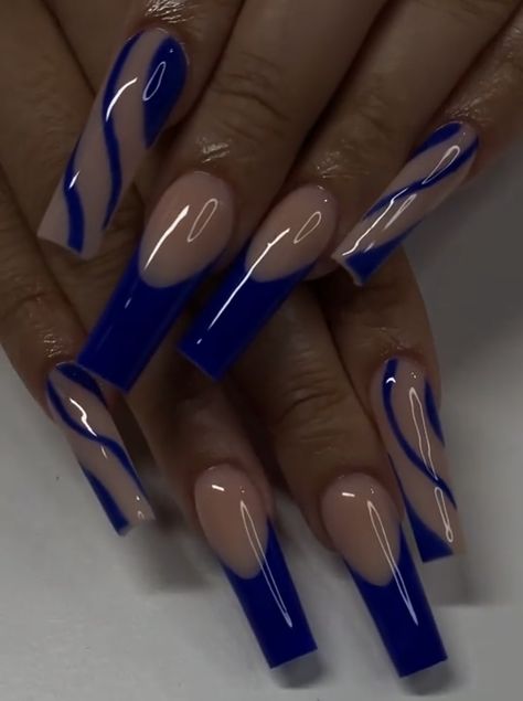 Medium Length Nail Designs Square, Blue Long Nails Ideas, Long Acrylic Blue Nails, Dark Blue Nail Ideas Acrylic Coffin, Nails Square Long Blue, Blue And Black Nails Ideas, Summer Nail Inspo Coffin Medium, Indigo Acrylic Nails, Dark Blue French Tip Nails Coffin