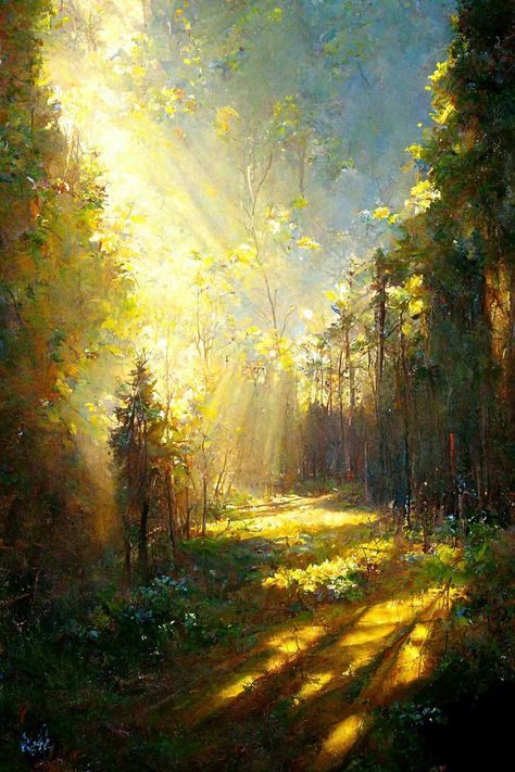 Peaceful Oil Painting, Sun Through Trees Painting, Sunlight Painting, Forest In Spring, Sunlight Art, Oil Painting Trees, Grass Painting, Sun Painting, Mystical Places