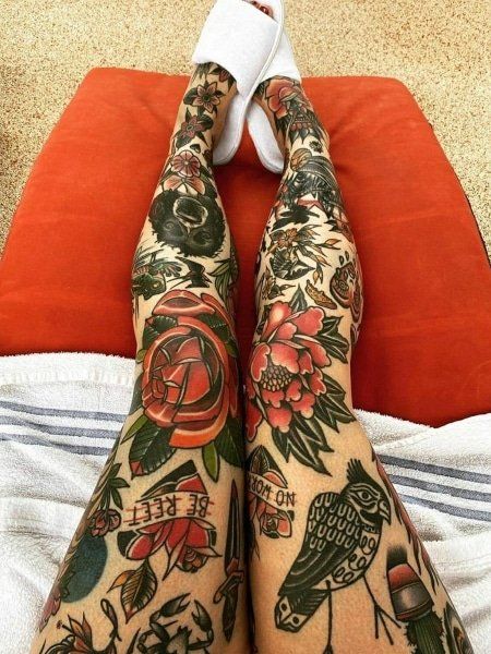 40 Coolest Leg Tattoos for Women in 2022 - The Trend Spotter Traditional Tattoo Leg, Traditional Tattoo Leg Sleeve, Tattoos Colorful, Traditional Tattoo Woman, Tattoos Nature, Vintage Tattoo Design, Tattoos Meaningful, Full Leg Tattoos, Tattoos Black