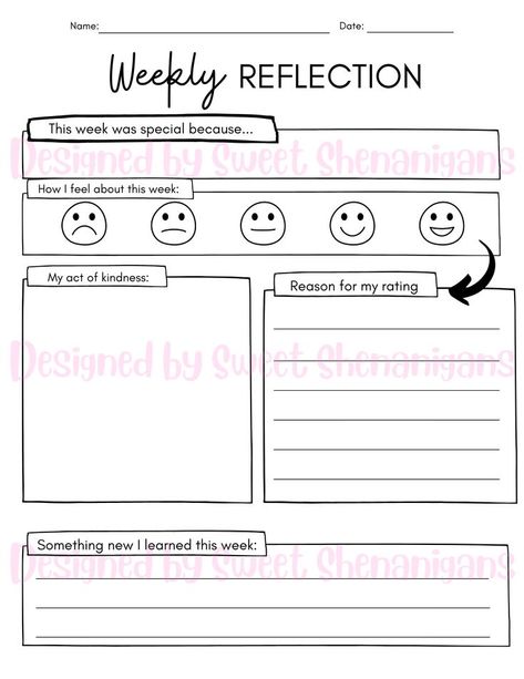 A one page, 5-10 minute reflection for your students to do at the end of the week or end of the day. Use these sheets to let your students reflect on their emotions in a positive way. Optionally challenge your students to look for the good spots in their weeks, even if it's been a rough one. Keep these to give to parents at P/T conferences or send home that day with students. Daily and Weekly Reflections included Reflect On Your Day, Weekly Reflection, Look For The Good, Student Reflection, End Of The Week, Daily Reflection, English Worksheets, Morning Work, Worksheets For Kids