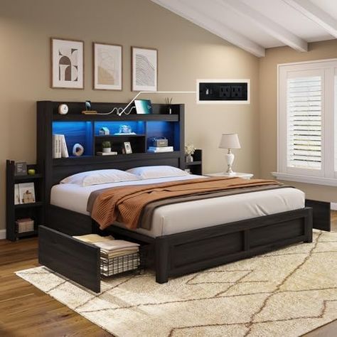 Amazon.com: AMERLIFE King Bed Frame with 4 Storage Drawers, LED Bed Frame with 49.6" Tall Bookcase Headboard, Wood Platform Bed with Charging Station & 2 Slide Bedside Shelf, No Box Spring Needed/Distressed White : Home & Kitchen Headboard Wood, Led Bed, Bedside Shelf, Led Beds, Tall Bookcase, Led Bed Frame, Bookcase Headboard, Tall Bookcases, Dark Home Decor