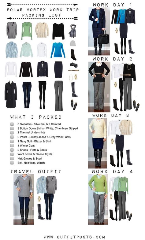 Here's the consolidated graphic with outfits & checklist of what I packed on my recent 4 day work trip to Minnesota. And a big ole pile of links to similar items. Hope this is helpful for anyone trave Work Trip Packing List, Work Trip Outfits, Travel Outfit Winter Cold Weather, Wardrobe Checklist, One Suitcase, Work Trip, Winter Travel Outfit, Polar Vortex, Long Flight