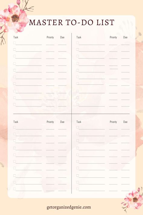 Master To Do List Template Master To Do List Template, List Template Free Printable, Master Task List, Master To Do List, Planner Calendar Printables, To Do List Template, Template Free Printable, Become More Productive, To Do Lists Printable