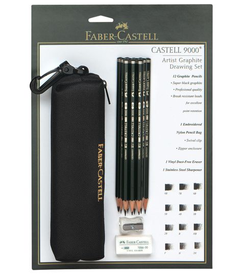 Keep everything you need to sketch organized and easy to transport! This set is made up of high quality pencils and accessories There are 12 Castell 9000 Pencils, a dust - free vinyl eraser and a stainless steel pencil sharpener all placed in a black nylon pencil bag with a swivel clip and Faber - Castell logo embroidered in gold117 x 785 x 235Pencil grades included are: 8B, 7B, 6B, 5B, 4B, 3B, 2B, B, HB, F, H, 2HSmooth and easy to sharpen15 pieces total Faber Castell Pencil, Pitt Artist Pens, Art Essentials, Art Pencils, Artist Pens, Pencil Bag, Graphite Drawings, Drawing Projects, Drawing Pencil