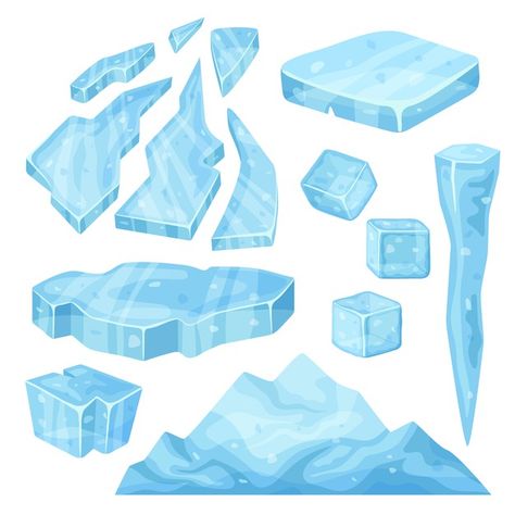 Iceberg, icicle, ice cube and broken pie... | Premium Vector #Freepik #vector #water #cartoon #shapes #rock Ice Shards Drawing, Ice Drawing Tutorial, How To Draw Ice, Iceberg Drawing, Ice Reference, Ice Cube Cartoon, Ice Cartoon, Ice Shapes, Ice Vector