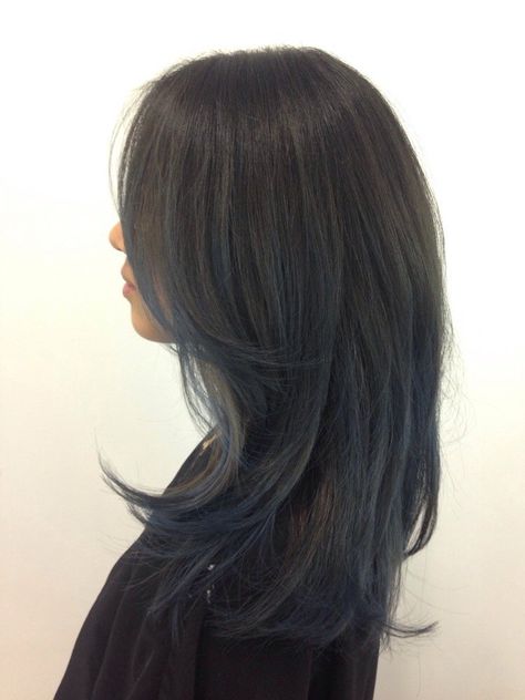 Midnight Blue Underneath Hair, Blue Tinted Hair Brown, Navy Blue Hair On Brown Hair, Dark Blue On Black Hair, Blue Grey Highlights On Dark Hair, Blue Bayalage Dark Hair, Dark Blue Hair Highlights For Black Hair, Blueish Brown Hair, Dark Blue On Brown Hair