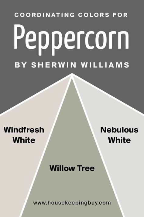 Since we already discovered that Peppercorn is from the dark color family and has gray undertones it means only one thing – it will go well with light colors! So, the official Sherwin Williams website gives us their recommendations on how to coordinate Peppercorn with other Sherwin Williams colors. First of all, they offer to match it with Windfresh White, which is a warm tone of white, also can be described as a bone color. Peppercorn Trim Exterior, Wherein Williams Peppercorn, Sherwin Williams Peppercorn Coordinating Colors, Peppercorn Sherwin Williams Accent Walls, Sherrington Williams Paint, Peppercorn Paint Sherwin Williams, Pepper Corn Sherwin Williams, Sw Peppercorn Coordinating Colors, Sherwin Williams Peppercorn Cabinets