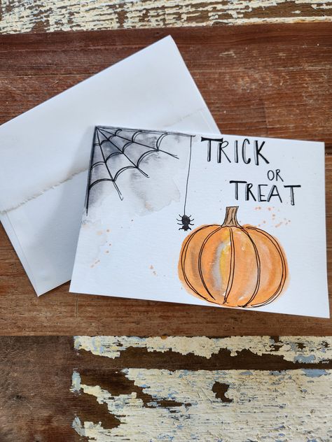 5x7 Halloween greeting card with envelope Halloween Envelopes Art, Halloween Cards Diy Homemade, Halloween Envelope Art, Fall Water Coloring Ideas, Simple Halloween Cards, Halloween Cards Handmade Ideas, Homemade Halloween Cards, Halloween Card Ideas, Ghost Doodles