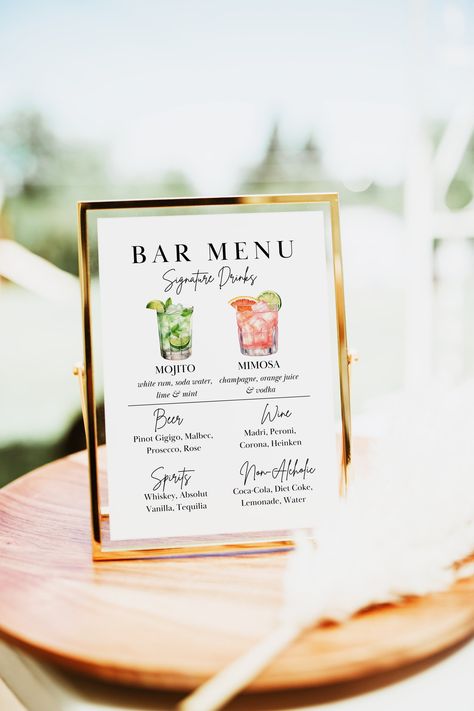 Editable Bar Menu Template, Wedding Drinks Menu Sign Download, Custom Wedding Bar Menu, Canva Bar Sign, Signature Drinks Sign Template Cocktail Sign Wedding, Cocktail Images, Wedding Bar Menu Sign, Bar Menu Sign, Cocktail Sign, Signature Cocktail Sign, Drinks Sign, Wedding Signature Drinks, Bar Menu Wedding