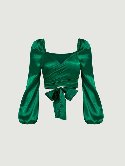 Dark Green Elegant Collar Long Sleeve Fabric Plain Top Embellished Slight Stretch  Women Tops, Blouses & Tee Emerald Green Crop Top Outfit, Emerald Green Quince Dama Dress, Green Baile Sorpresa Outfits, Quince Surprise Dance Outfits Emerald Green, Emerald Green Baile Sorpresa Outfit, Green Surprise Dance Outfits, Emerald Green Vaquera Outfit, Quince Surprise Dance Outfits Sage Green, Emerald Green Surprise Dance Outfits