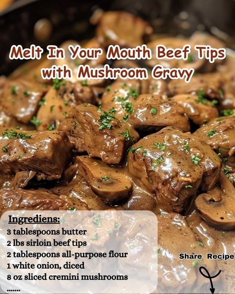 Melt In Your Mouth Beef Tips 12 Tomatoes, Gravy Ingredients, Cremini Mushrooms, Mushroom Gravy, Beef Tips, Bouillon Cube, Mushroom Sauce, How To Dry Rosemary, Melt In Your Mouth