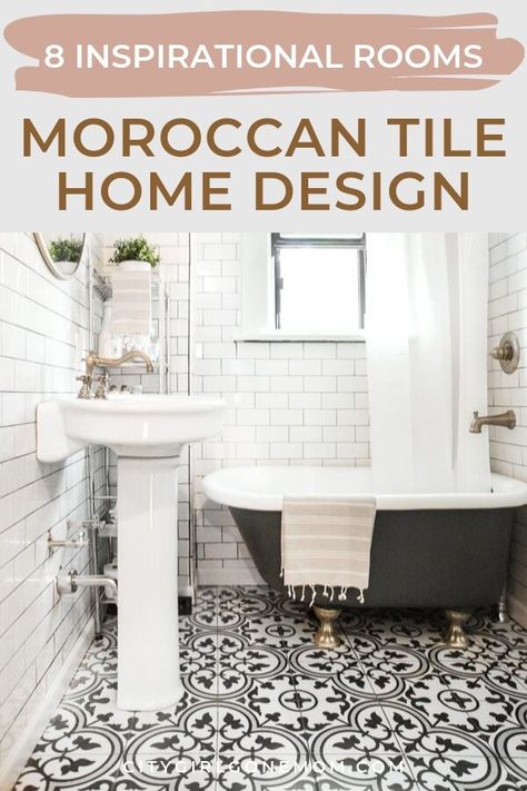 Moroccan Tile Home Design Inspiration. Say goodbye to boring hardwood floors and standard kitchen backsplashes and saying hello to the home decor of your dreams with Moroccan tile. The delightful pattern, use of black and white in minimalist spaces and color such as the gorgeous blue can bring style and personality to your space.  Check out designs, patterns, brands and tips for using moroccan tile on floors and walls in bathroom, kitchen, and entryway #homedecor #interiordesign #moroccantile Makeover Kamar Mandi, Black White Bathrooms, Bathroom Black, White Tile Floor, Tiles Floor, Small Remodel, Black And White Tiles, Pedestal Sink, Black Tiles