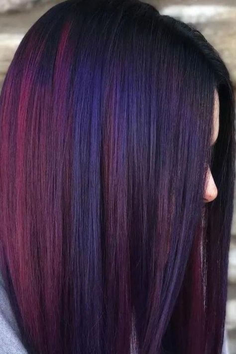 Maroon Hair With Blue And Violet Highlights Red Hair With Blue Highlights, Funky Highlights, Blue And Red Hair, Violet Highlights, Blue Hair Highlights, Maroon Hair, Red Hair With Highlights, Winter Hair Color, Hair Color Highlights