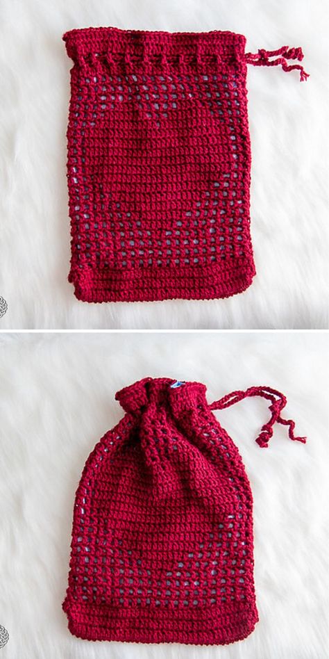 Red Yarn Crochet Projects, Valentine’s Day Crochet Patterns, Crochet Heart Bag, Crochet Projects Free, Crochet Thread Patterns, Bag Free Crochet Pattern, Heart Bags, Crochet Valentine Patterns, Crochet Drawstring Bag