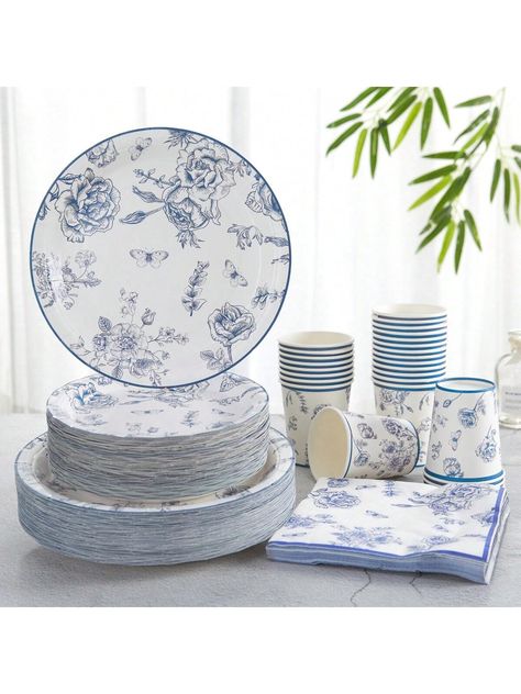 Disposable Blue And White Porcelain Floral Party Supplies, Chinese-Style Floral Printed Paper Dessert Plates, Cups And Napkins, Blue And White Porcelain Plates Suitable For Bridal Showers, Wedding Parties, Tea Parties And Decorations. Multicolor    Paper     Event & Party Supplies, size features are:Bust: ,Length: ,Sleeve Length: Antique Bridal Shower Decor, Blue Floral Dishes, White And Blue Theme Party, Dusty Blue Party Decor, Blue And White Floral Party, White And Blue Birthday Decoration, Blue Floral Party Decor, Blue Bridal Shower Centerpieces, Blue And White Wedding Shower Ideas