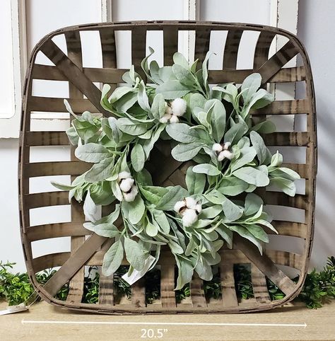 Gracie Oaks Tobacco Basket with Lambs Ear Wreath Wall Décor | Wayfair Repurposed Doors, Chalk Paint Furniture Diy, Wreath Wall Decor, Living Room Themes, Lambs Ear Wreath, Patio Pool, Farmhouse Decorating, Country Dining, Cotton Wreath