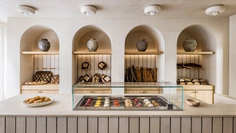 Blue Stone Floors, Bread Display, Bakery Interior, Round Ceiling Light, Cosy Interior, French Bakery, 카페 인테리어 디자인, Bakery Design, Ceramic Techniques