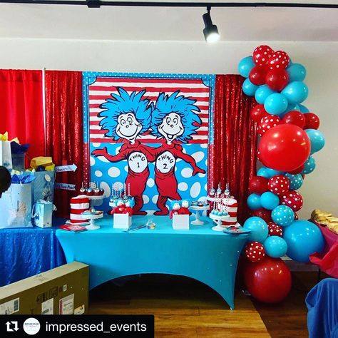 Roxy Justice on Instagram: “#Repost @impressed_events with @get_repost ・・・ Thing 1 and Thing 2 Baby Shower Cake: @crissycakes324  Treats: @sweetaffection_treats. THIS…” Cat In The Hat Balloon Arch, Thing 1 Thing 2 Birthday Party, Thing 1 And Thing 2 Birthday Decorations, Thing One Thing Two Birthday Party, Thing 1 Thing 2 Baby Shower Ideas, Thing 1 Thing 2 Birthday Party Ideas, Seussical Jr, Twin Boys Baby Shower, Baby Shower Princess Theme