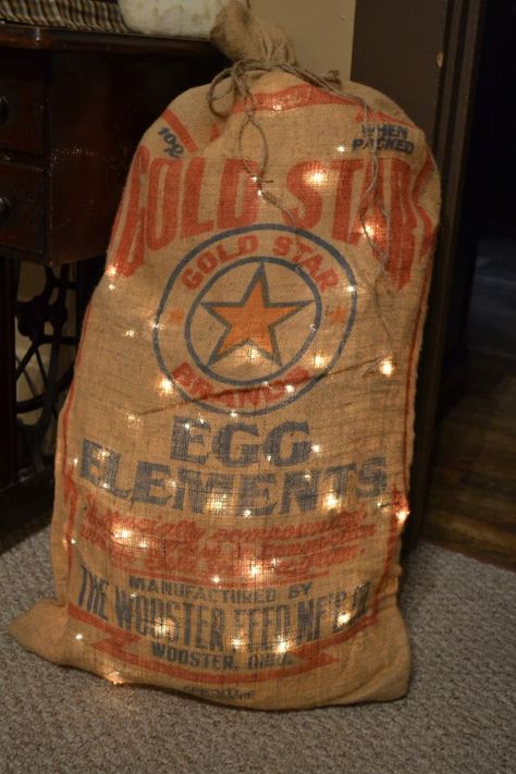 An old feed bag .. I added chicken wire inside the bag & mini lights . How cute is that ?? Old Feed Sacks Ideas, Feed Sacks Ideas, Primitive Decorations, Burlap Coffee Bags, Chicken Wire Crafts, Feed Bag, Feed Store, Coffee Sacks, Burlap Decor