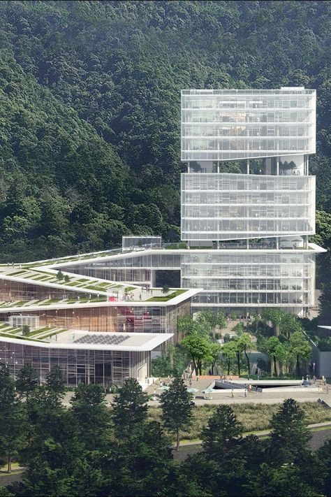 #greenroof #glassbuilding #modernarchitecture #rooftopterrace #greenspace #openlevels Proposal Architecture, Building Massing, Thesis Architecture, Green Building Concept, Architecture Courtyard, Glass Building, Mall Design, Areas Verdes, Skyscraper Architecture