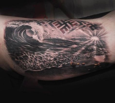 Wave Tattoo Men, Tidal Wave Tattoo, Hawaiian Island Tattoo, Wave Tattoo Sleeve, Trinity Tattoo, Redemption Tattoo, Salvation Tattoo, Island Tattoo, Surf Tattoo