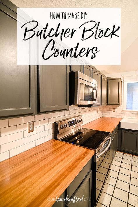 How to Make DIY Butcher Block Countertop - Our Handcrafted Life Seal Butcher Block Countertops, How To Seal Butcher Block Countertops, Faux Butcher Block Countertops, Diy Butcher Block Counter, Flip Kitchen, Diy Butcher Block Countertops, Butcher Block Counters, Diy Butcher Block, Inexpensive Countertops