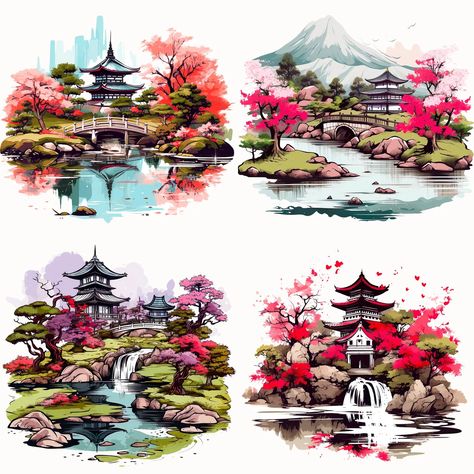 Zen Landscape, Garden Illustration, Asian Garden, Japanese Gardens, Japanese Landscape, Art Cute, Landscape Illustration, Cute Spring, Zen Garden