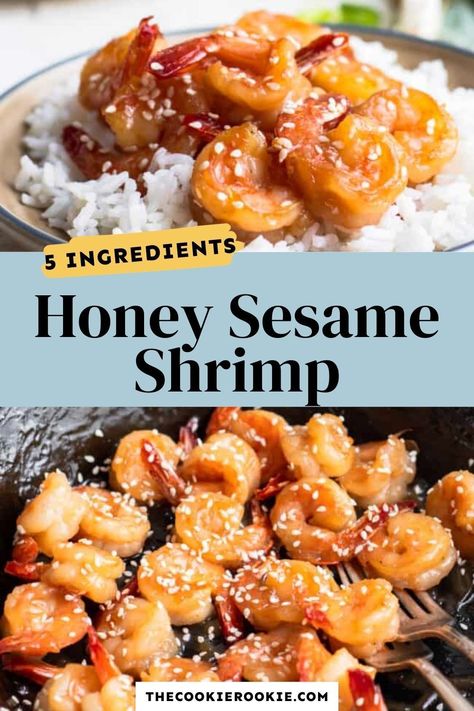 Orange Shrimp Recipes Easy, Honey Sesame Shrimp, Gf Shrimp Recipes, Sesame Shrimp Recipes, Sesame Fish Recipe, Honey Shrimp Recipes, Sesame Prawns, Sticky Shrimp, Honey Glazed Shrimp