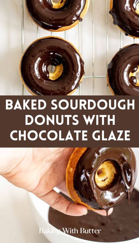 Homemade Baked Sourdough Donuts With Chocolate Glaze - fresh, flavorful, and satisfying. Baked Sourdough Doughnut Recipe, Baked Sourdough Donut Recipe, Sourdough Party Food, Sourdough Donut Recipe, Sourdough Sweets, Sourdough Cake, Recipe Using Sourdough Starter, Sourdough Starter Discard Recipe, Discard Recipes