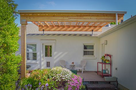 This Suntuf patio cover is installed over a small courtyard and attached to two roof-lines using SkyLift roof risers. The result is a courtyard patio cover that gives protections from the rain while Lake Pergola, Patio Roofs, Corrugated Polycarbonate, Pergola Plans Roofs, Sunroom Patio, Courtyard Patio, Roof Brackets, Rustic Pergola, Raised Patio