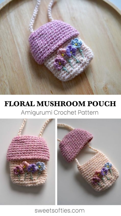 Mushroom Pouch, Mushroom Patterns, Knitting Bag Pattern, Crochet Cardigan Pattern Free, Crochet Needlework, Crochet Fairy, 4mm Crochet Hook, Crochet Mushroom, Bag Pattern Free