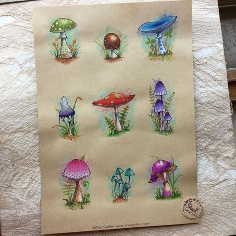 Colored Pencil Mushroom, Drawing Ideas Colored Pencil, Drawings Colored Pencils, Colored Pencils Art, Metallic Watercolors, Mushroom Drawing, Colored Pencil Drawing, Mushroom Art, Hand Art Drawing